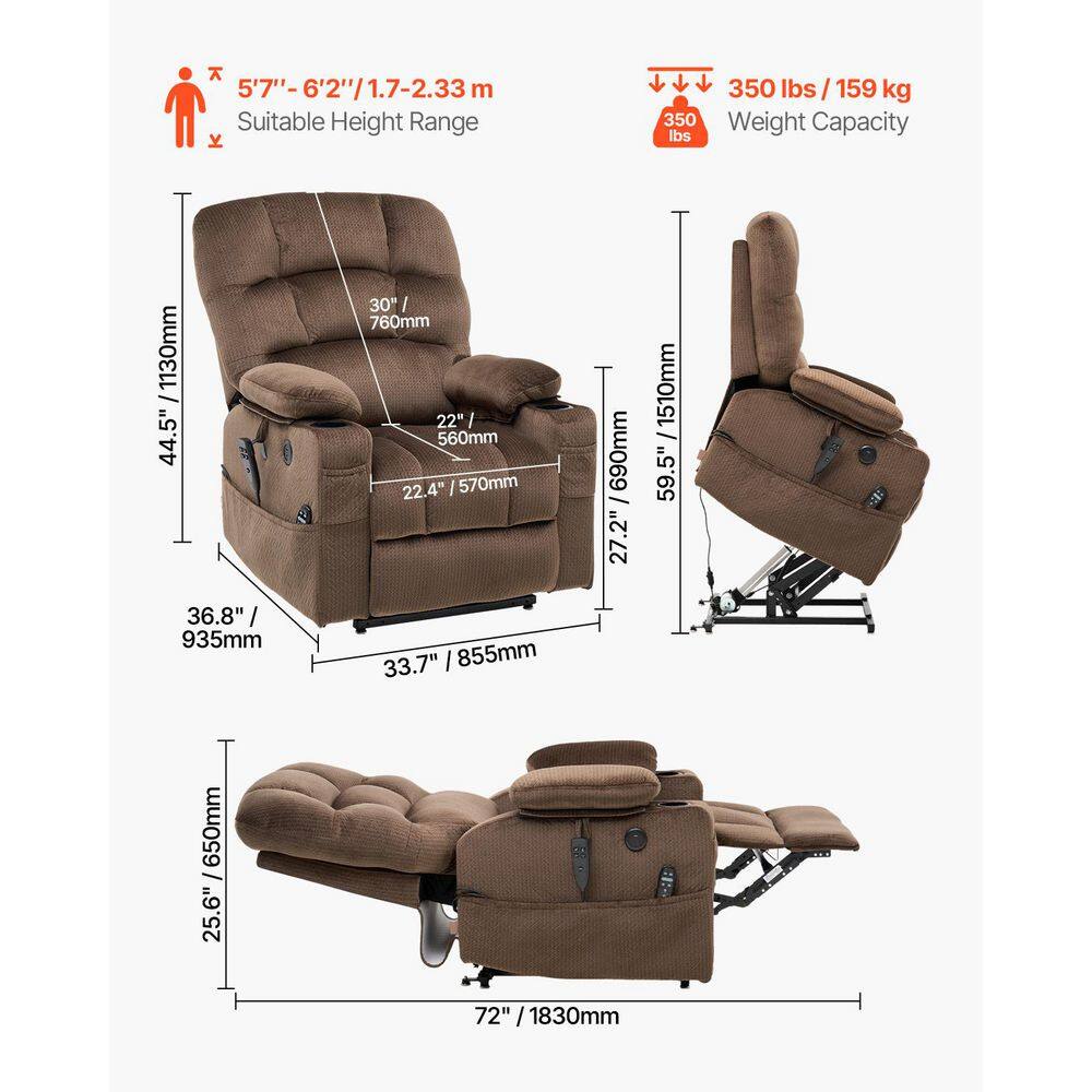 Dimension diagram of the brown power lift recliner chair in various positions.
