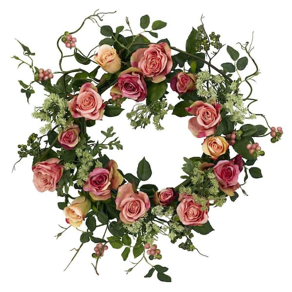 Nearly Natural 20.0 in. Artificial H Peach Rose Wreath