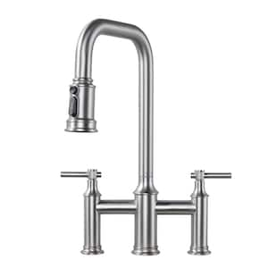 Double Handle Bridge Kitchen Faucet with Pull-Down Spray Head, Deck Mount 3 Holes Kitchen Sink Faucet in Brushed Nickel