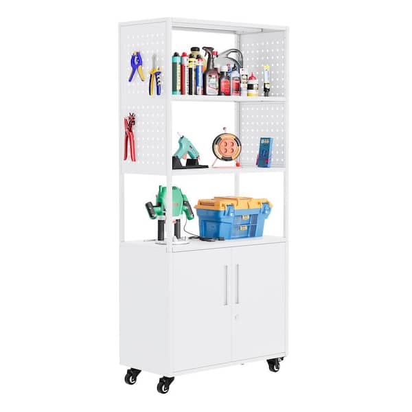 LISSIMO 31.5 in. W x 70.86 in. H x 15.7 in. D Steel Garage Storage Freestanding Cabinet with Lock and Left Pegboard in White