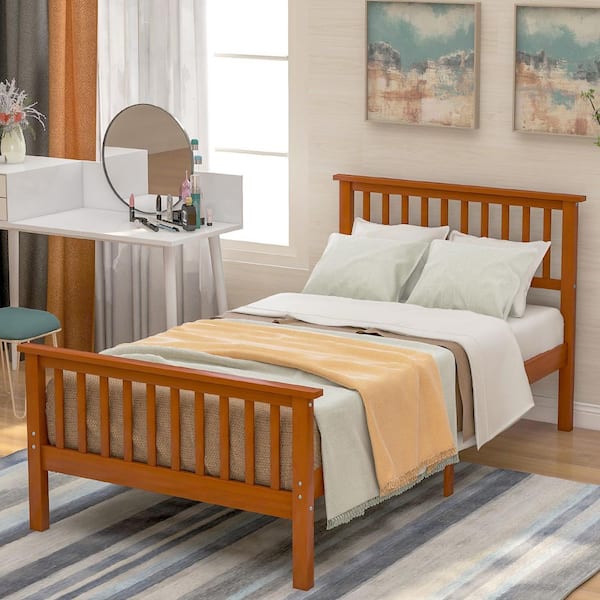 Wood Brown Wood Frame Twin Platform Bed Headboard and Footboard