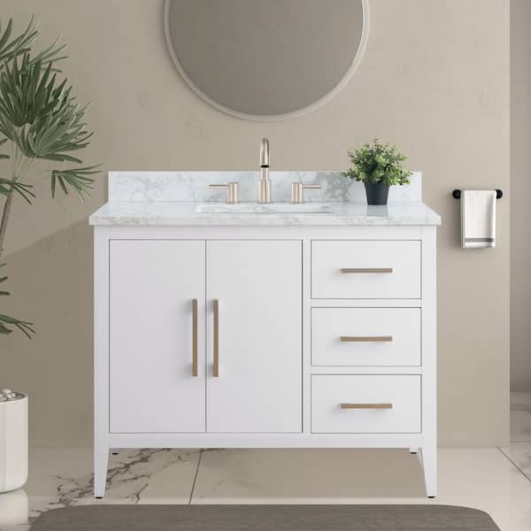 42 in. W x 22 in. D x 34 in. H Single Sink Bathroom Vanity Cabinet in White with Engineered Marble Top