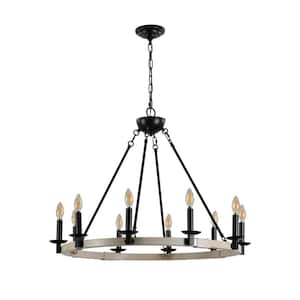 10-Light Candle Rustic Farmhouse Chandelier, Black Metal & Wood Round Hanging Light Fixture (No Bulbs)-White Oak