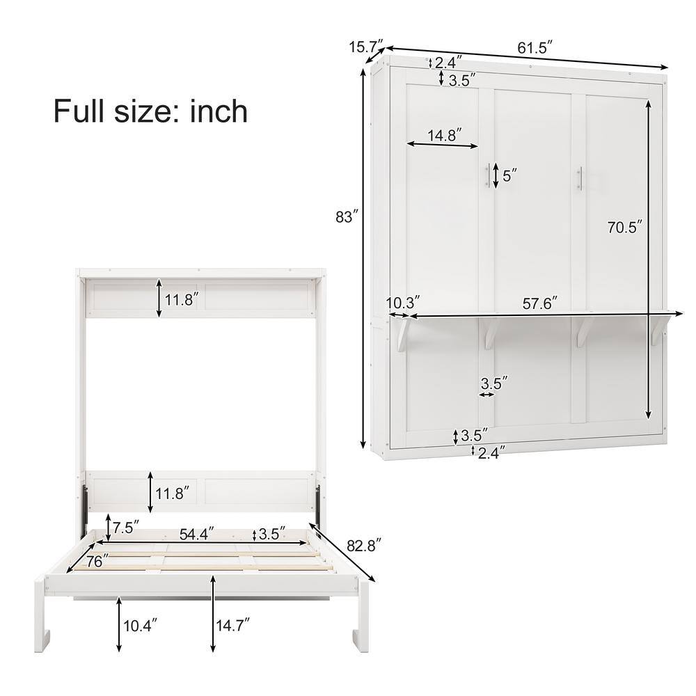White Wood Frame Full Size Murphy Bed, Folding Wall Bed with Desktop - thumbnail 3