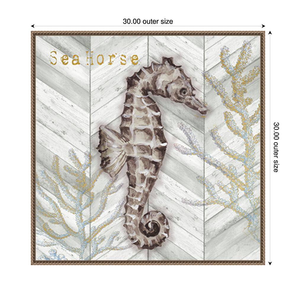 Gray Gold Chevron Seahorse Canvas Wall Art with Bronze Frame