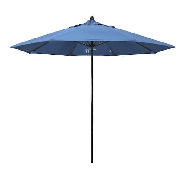 California Umbrella 9 ft. Black Fiberglass Commercial Market Patio Umbrella with Fiberglass Ribs and Push Lift in Frost Blue Olefin