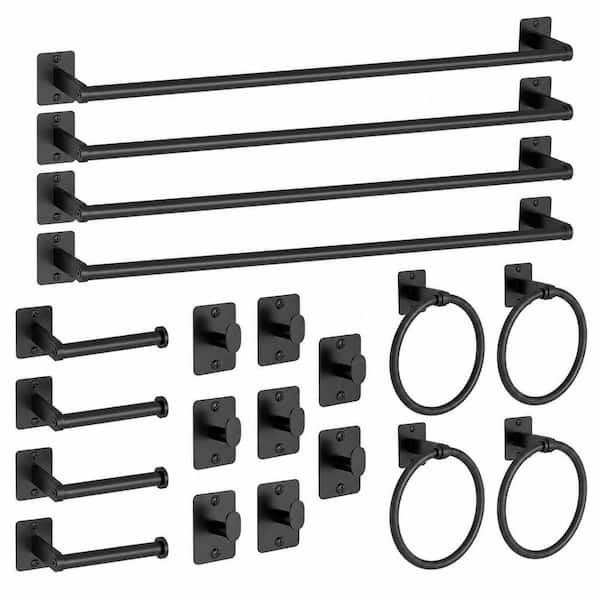 20-Piece Bathroom Hardware Set with 4 Towel Bars, 4 Rings, 4 Holders and 8 Hooks in Matte Black