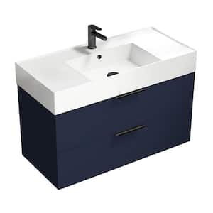 Derin 39.53 in. W x 18.11 in. D x 25.2 in. H Modern Wall Mounted Bathroom Vanity in Night Blue with White Ceramic Top