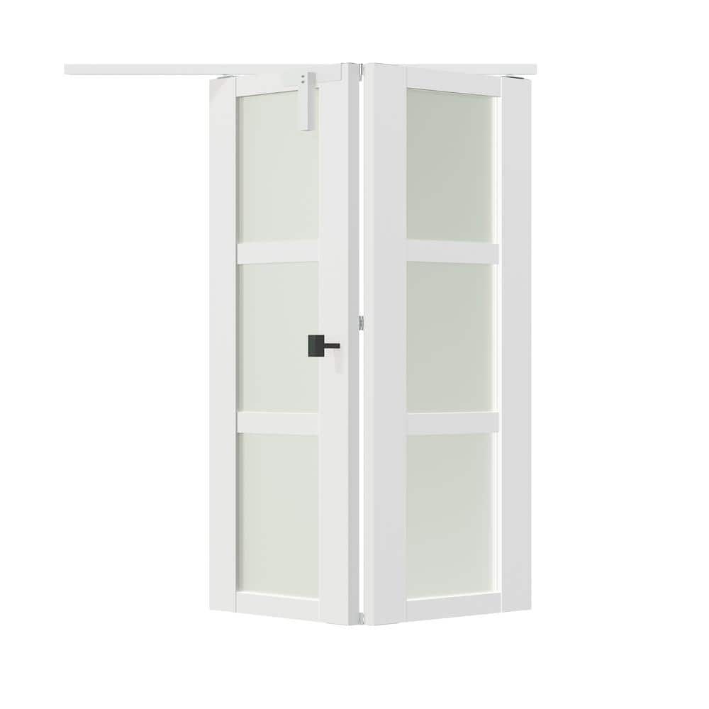 36 in. x 80 in. White Frosted Glass Solid Core MDF Bi-Fold Door