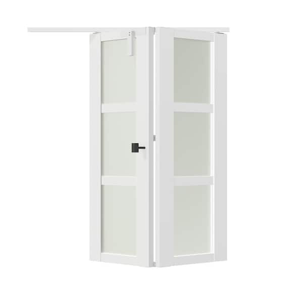 36 in. x 80 in. 3-Lite Frosted Glass Solid Core White Finished MDF Bi-fold Door with Lock, Handle, and Hardware Kit.