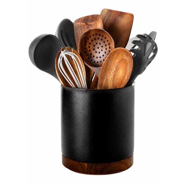360-Degree Rotating Ceramic Utensil Holder with Cork Bottom, 7.2 in Crock, Large Capacity Countertop Organizer