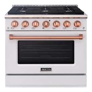 36in. 6 Burners Freestanding Gas Range in White and Copper with Convection Fan Cast Iron Grates and Black Enamel Top
