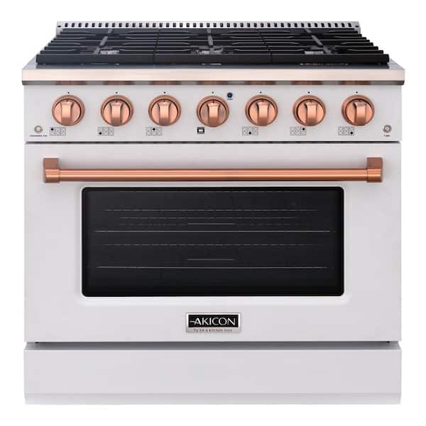 Akicon 36in. 6 Burners Freestanding Gas Range in White and Copper with Convection Fan Cast Iron Grates and Black Enamel Top
