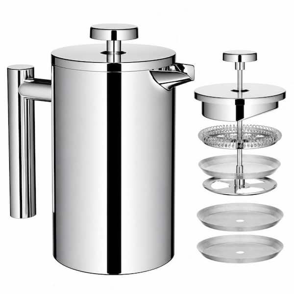 20 oz. 4 Cup Stainless Steel French Press Coffee Maker with 2 Extra Filters, Double-Wall Insulated, Food Grade, Silver