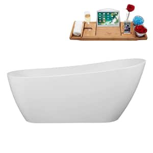 67 in. x 29 in. Acrylic Freestanding Soaking Bathtub in Glossy White With Brushed Brass Drain, Bamboo Tray