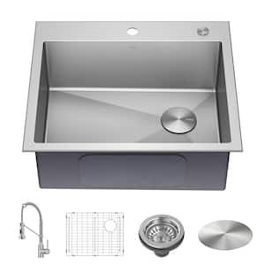 Loften 25 in. Drop-In Single Bowl 18 Gauge Stainless Steel Kitchen Sink with Pull Down Faucet in Chrome and Steel