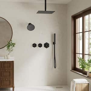 Thermostatic Valve 5-Spray 12 and 6 in. Shower Faucet with 2-Function Handheld Shower in Matte Black