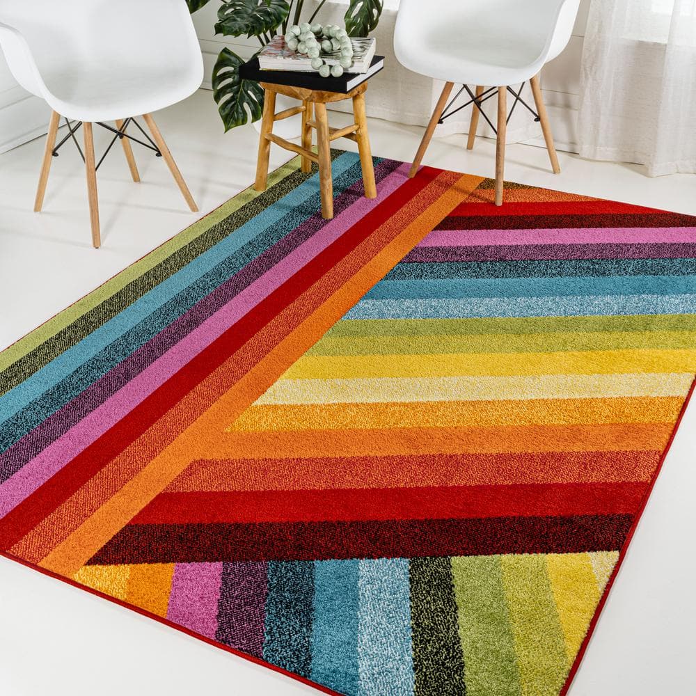 Retro Rainbow Multi-Color Synthetic Stripe Kids Area Rug 3' x 5'