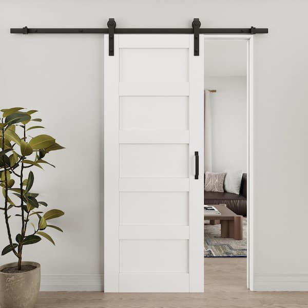 32 in. x 80 in. Waterproof 5 Panel White MDF No Assembly Required Barn Door Slab with Hardware Kit and Soft Close