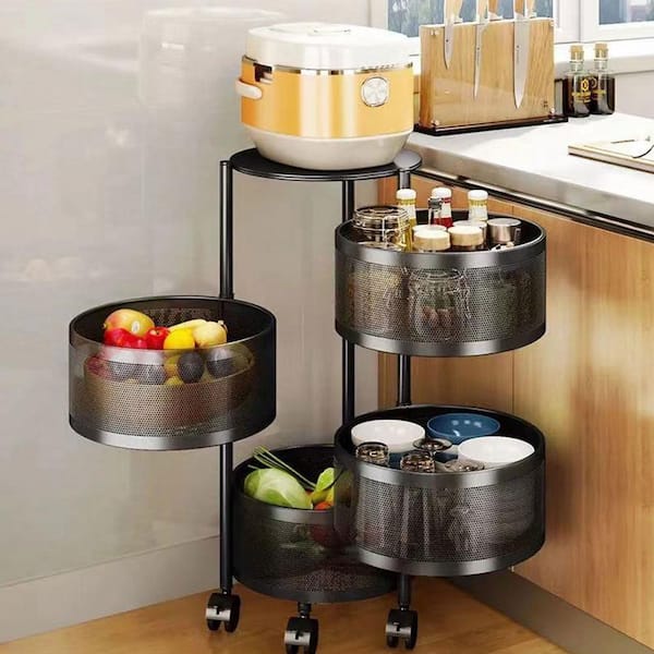 Kitchen Storage Rack with Wheels Round Standing Rack for Livingroom  Rotating Organizer Household Storage Shelf Black 5F