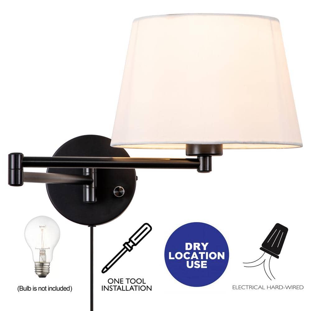 Black Swing Arm Wall Light with White Linen Shade, 2-Pack