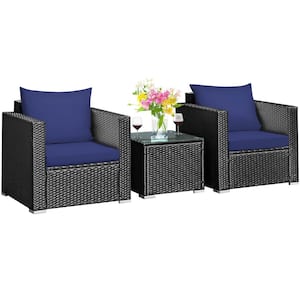 3-Piece Wicker Patio Conversation Set with 2 Navy Cushioned Sofas and Coffee Table for Outdoor