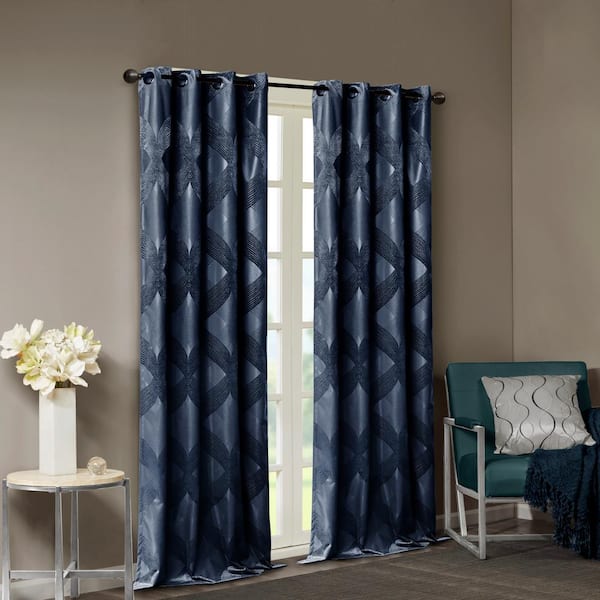 Sun Smart Abel Navy Ogee Knitted Jacquard 50 in. W x 95 in. L Blackout Grommet Top Curtain