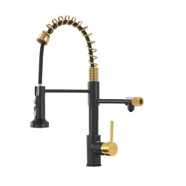 Staykiwi Single Handle High Arc Pull Out Sprayer Kitchen Faucet in Black and Gold