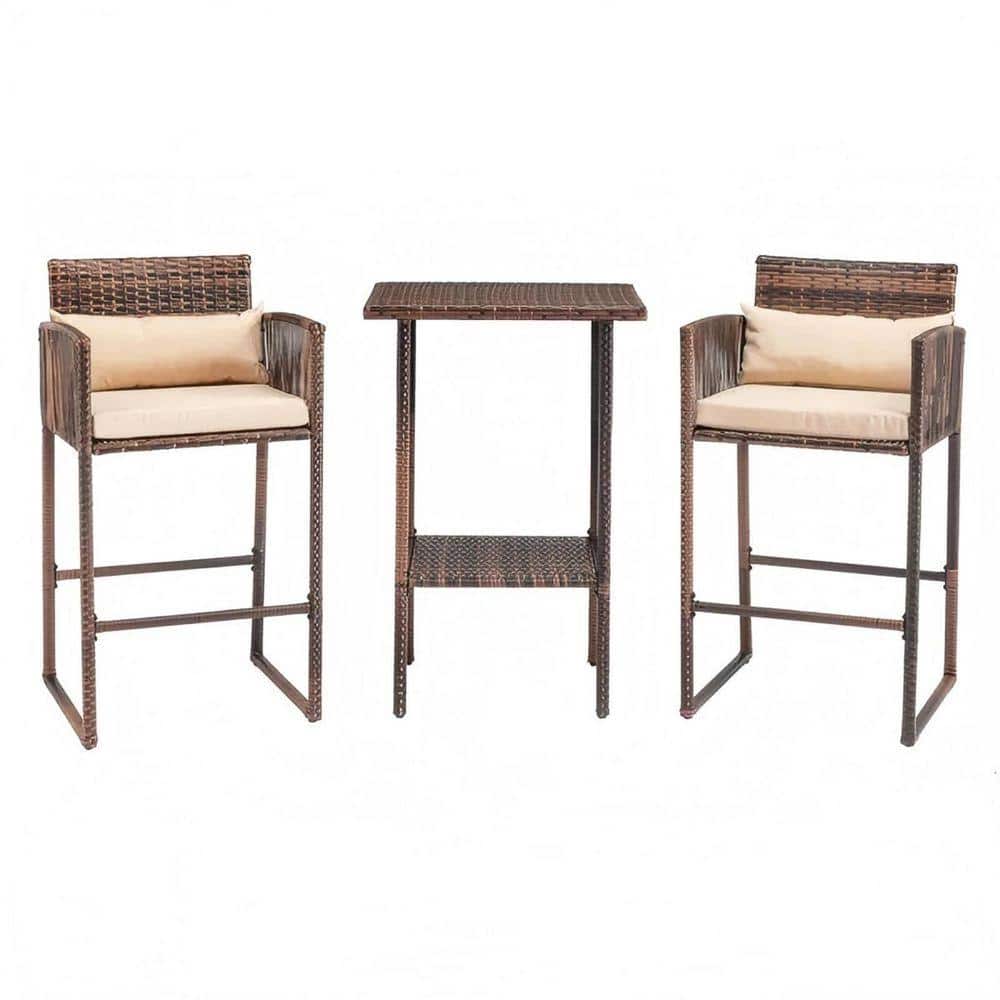 3-Piece Wicker Round Bar Height Outdoor Bistro Set with High-Density Beige Neutral Cushions and Soft Pillows Plastic price history on PriceWatchPro