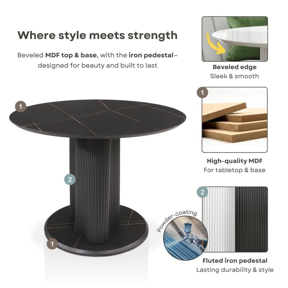 Modern White Round Marble Top Dining Table with Fluted Pedestal Base