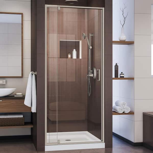 DreamLine Flex 32 in. x 32 in. x 74.75 in. Framed Pivot Shower Door in Brushed Nickel with Center Drain White Acrylic Base