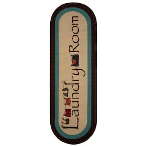 Laundromat Collection Non-Slip Rubberback Bordered 2x5 Laundry Room Runner Rug, 20 in. x 59 in. Oval, Beige