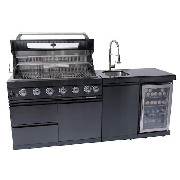 43 in. 6-Burner 85,000 BTU Stainless Steel Outdoor Kitchen BBQ Grill Island, Wine Refrigerator, Rotisserie, in Black