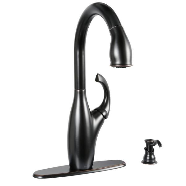 Contemporary Single-Handle Pull-Down Sprayer Kitchen Faucet with Soap Dispenser in Mediterranean Bronze Contemporary Single-Handle Pull-Down Sprayer Kitchen Faucet with Soap Dispenser in Mediterranean Bronze