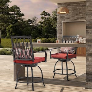 Swivel Metal Outdoor Bar Stool Balcony Patio Dining Chair Bar Height with Red Cushion (2-Pack)