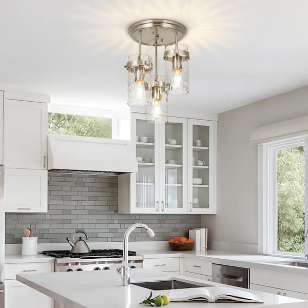 Essel 9.84 in. 3-Light Brushed Nickel Modern Semi-Flush Mount With Hammered Glass Shade and No Bulbs Included