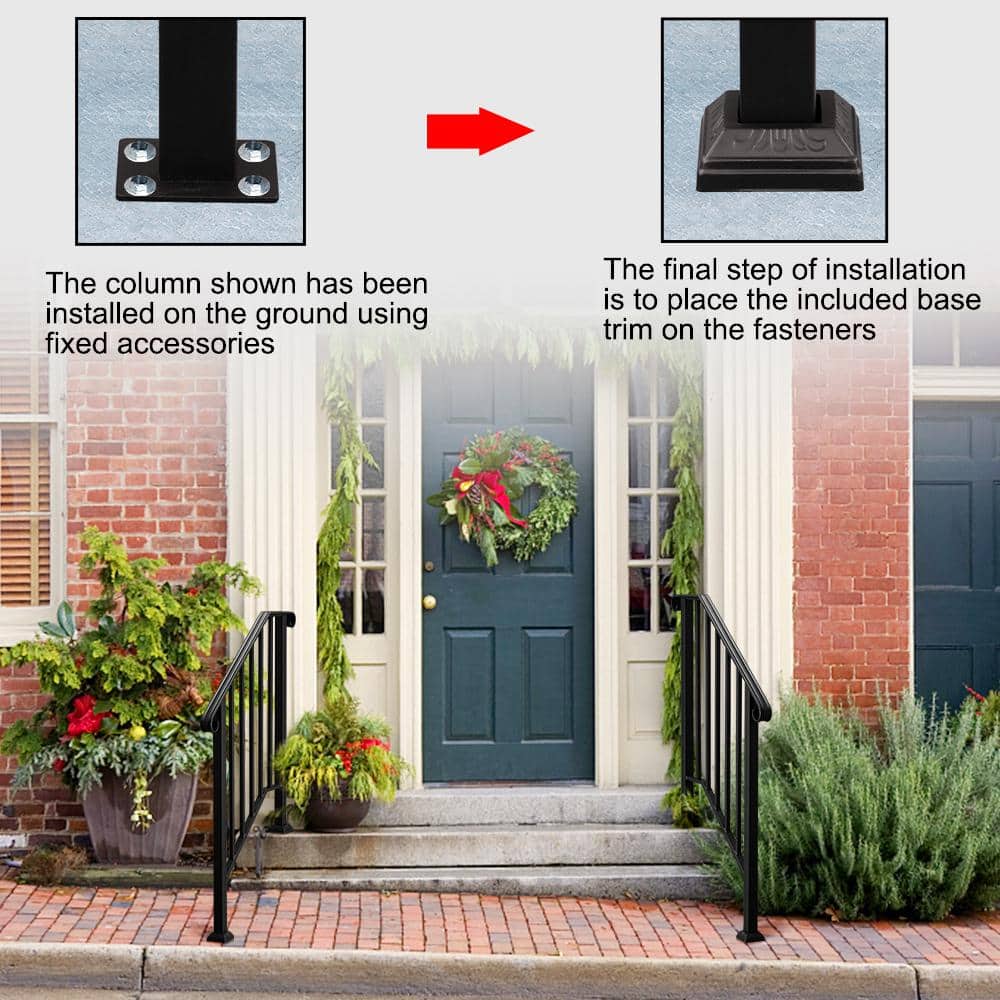 Matte Black 2-Step Wrought Iron Handrail with Stainless Steel Mounts