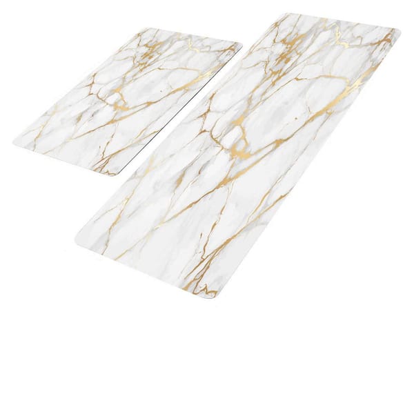 White Marble 17 in. W x 29 in. L and 17 in. W x 47 in. L 2-Piece PVC Non-Slip Indoor Anti-Fatigue Kitchen Mats