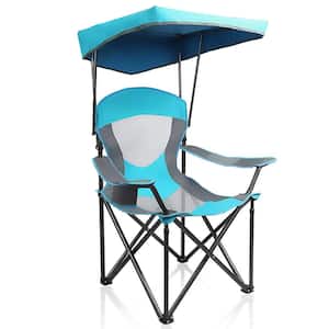Heavy Duty Foldable Lounge Chair with Cup Holder and Sunshade for Camping Hiking, Blue