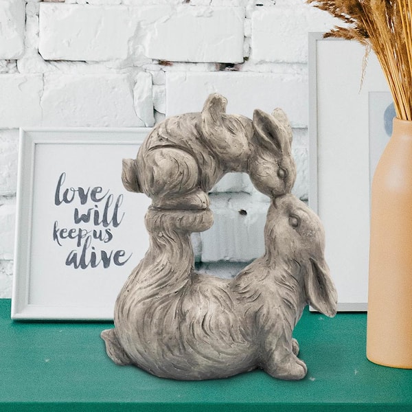 Benjara 15 in. Specialty Antique White Resin 2 Loving Rabbits Accent Decor