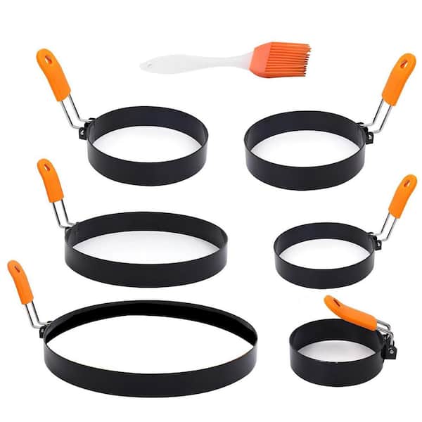 6-Pack Stainless Steel Egg and Pancake Ring Set with Non-Stick Surface, 3" to 8" Sizes, Oil Brush and Anti-Scald Handle