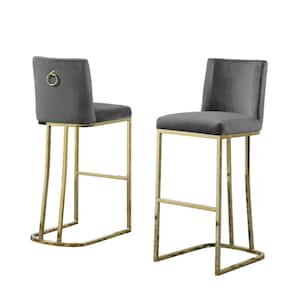 Erin 29 in. H Dark Grey Velvet Low Back Bar Stool Chair with Gold Chrome Base and Back Ring (Set of 2)