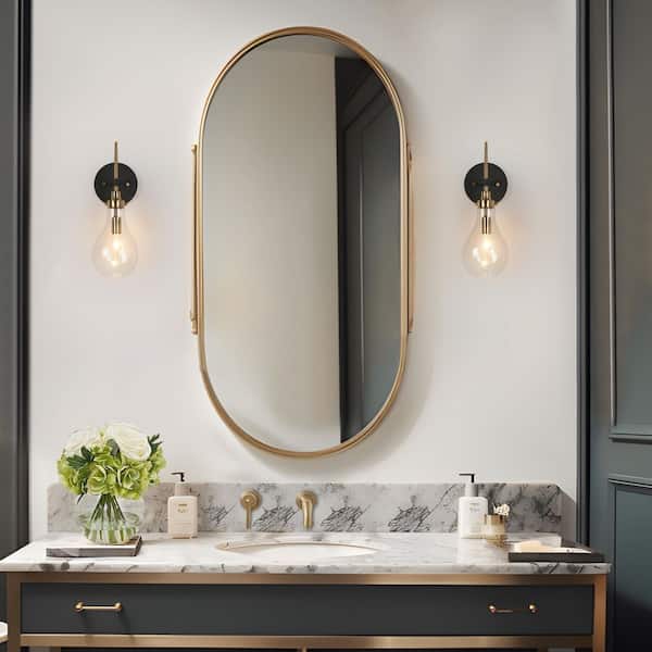 15-in H. Modern Bedroom Teardrop Wall Sconce 1-Light Black and Brass Gold Bathroom Vanity Light with Clear Glass Shade