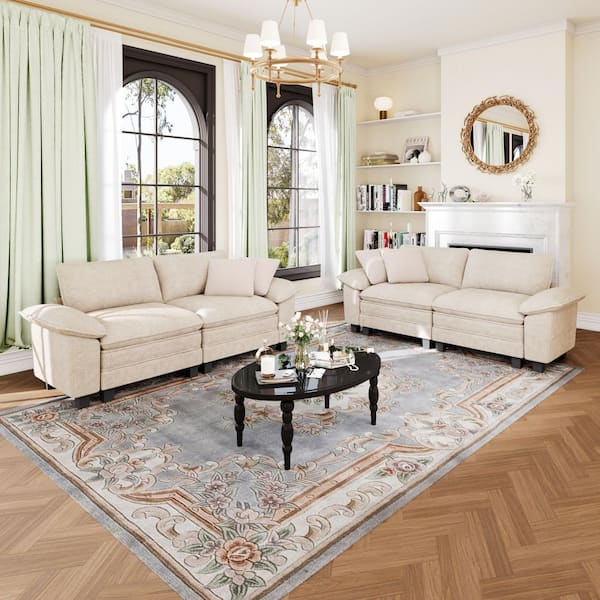 87.5 in. Flared Arm 4-Seat Chenille Modular Sectional Sofa in Beige with Throw Pillows for Living Room