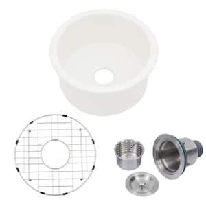18 in. Undermount Single Bowl Glossy White Ceramic Round Kitchen Sink with Bottom Grid and Strainer