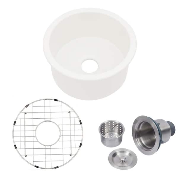 Unbranded 18 in. Undermount Single Bowl Glossy White Ceramic Round Kitchen Sink with Bottom Grid and Strainer