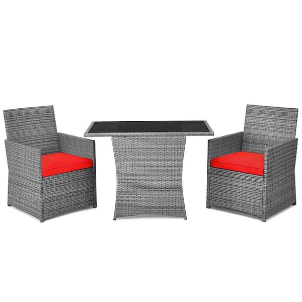 FORCLOVER 3-Piece Wicker Patio Conversation Set with Red Cushions