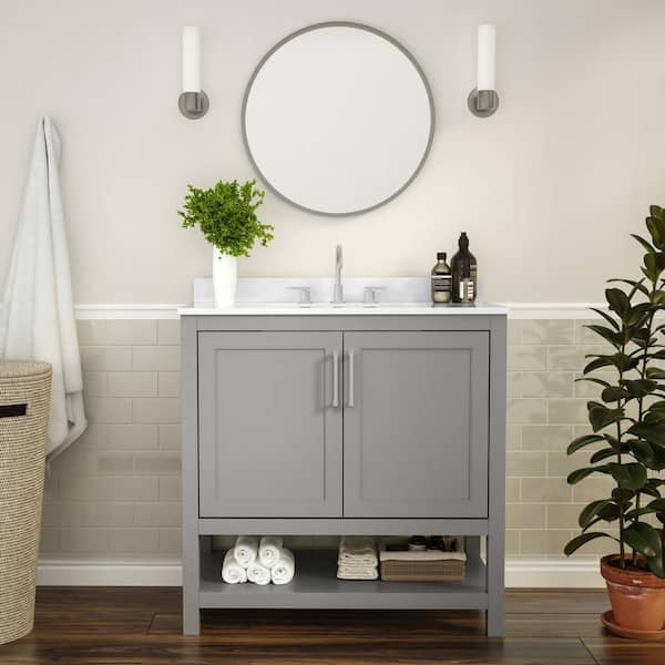 Carnegy Avenue 36 in. W x 19 in. D x 38 in. H Bathroom Vanity in Gray with White Stone Top