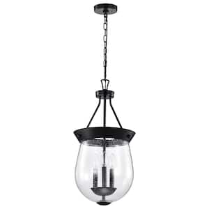 Boliver 60-Watt 3-Light Matte Black Shaded Pendant Light with Clear Seeded Glass Shade and No Bulbs Included