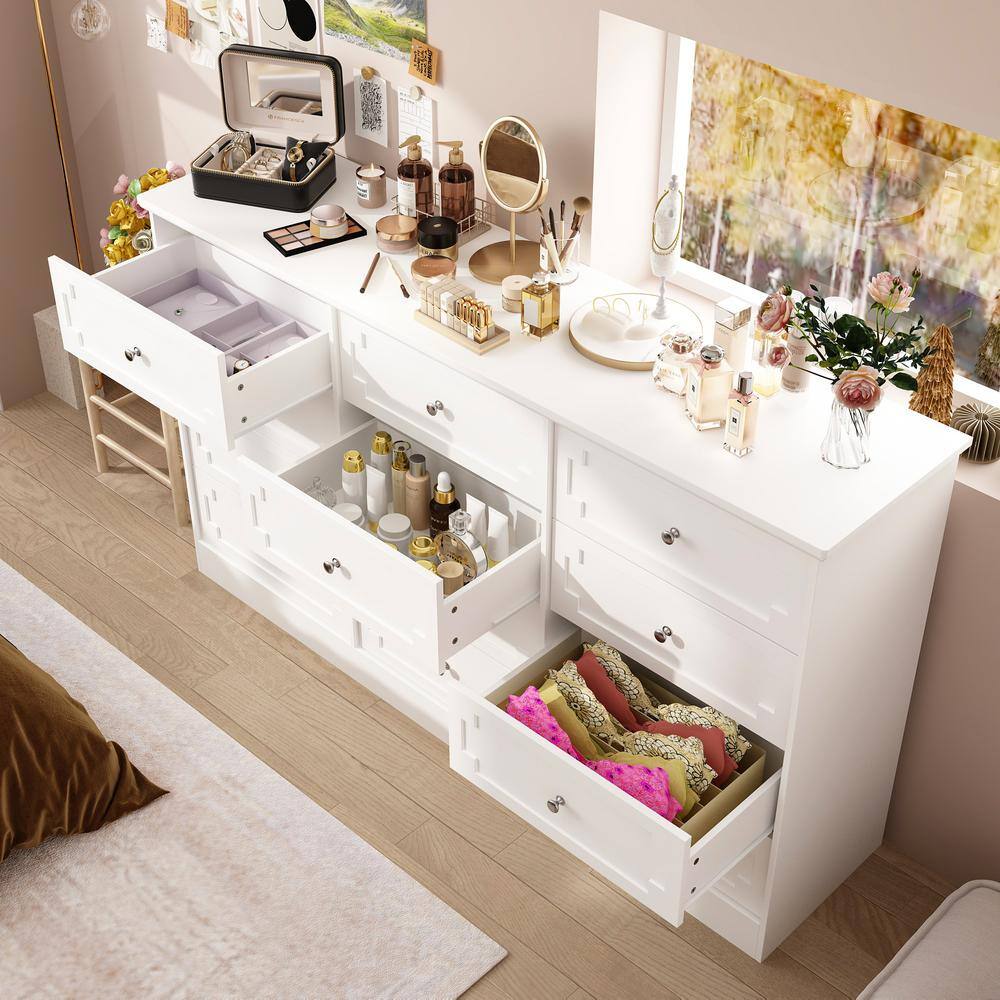 White 12-Drawers 61 in. Width x 35.4 in. Height Wooden Dresser without Mirror, Chest of Drawers with Silver Handle - thumbnail 3